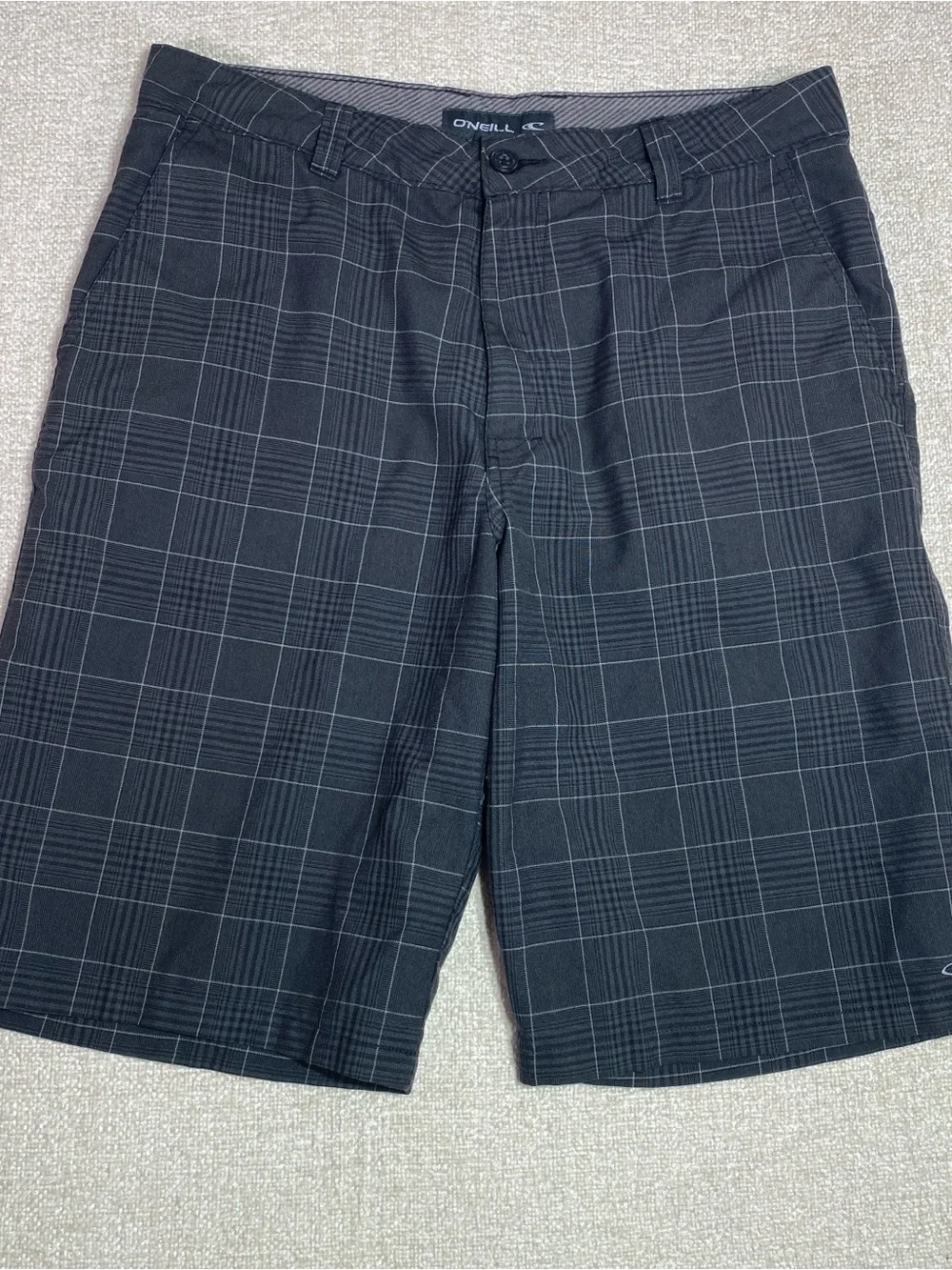 O'Neill Plaid Hybrid Shorts Men 32 Gray Checked Casual Golf Swim Boardwalk